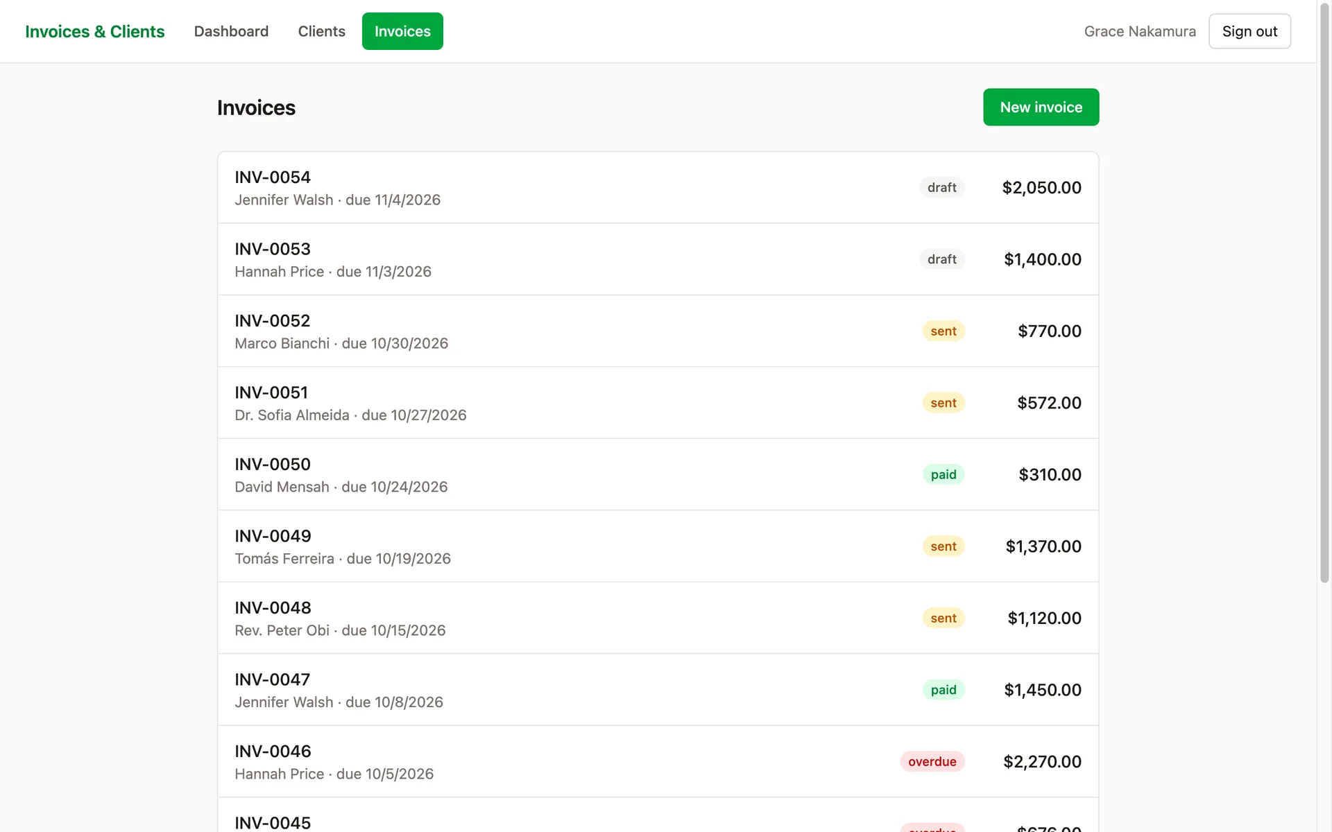 Lista de faturas com o cliente, a data de vencimento, o status e o valor.